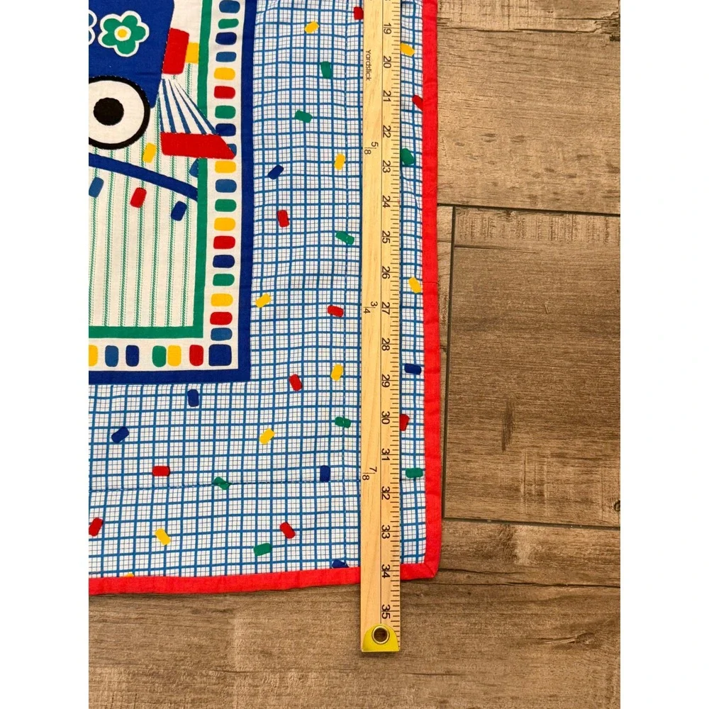 Vintage Baby Nursery Quilt Teddy Bear Train Primary Colors Blue Red 34x42